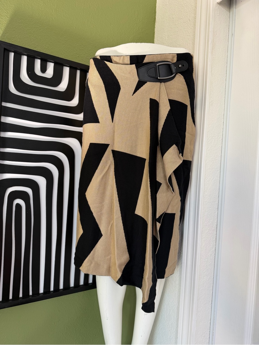 Black & Tan Geometric Wrap Skirt with Buckle